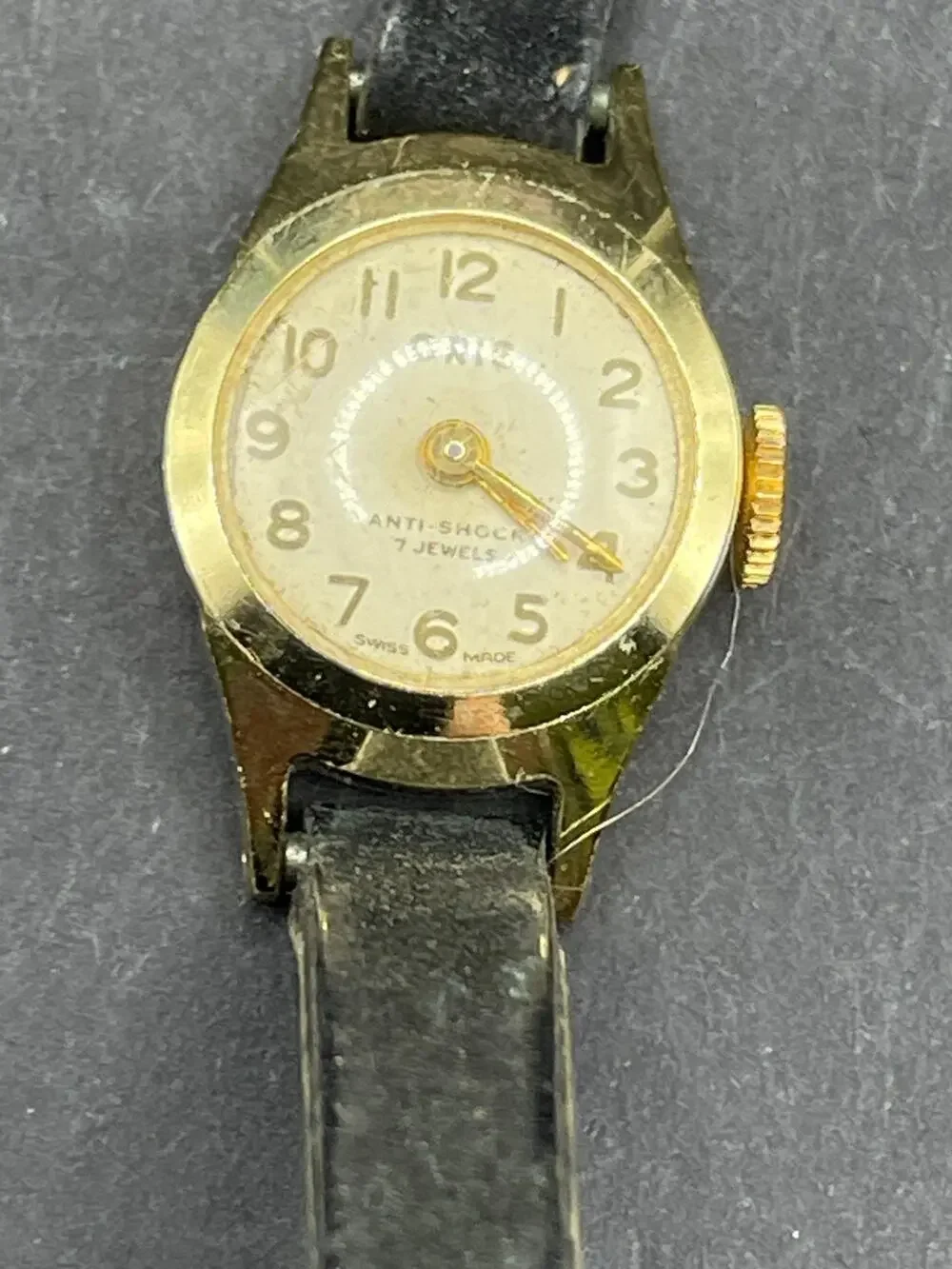 Vintage Oris Anti Shock 7 Jewels Gold Tone Watch Black Leather Band 17MM